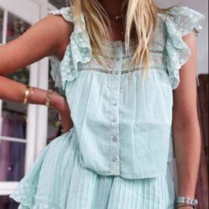 Loveshackfancy Deona top lace blouse button front down vest crop seafoam S
